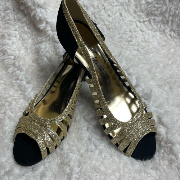 Easy Street gold sparkling and faux black suede strappy slip on open toe SZ8 - Picture 4 of 9